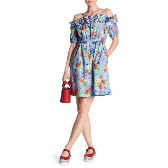Love Moschino Picnic Print (Fruit & Floral) Cotton Off the Shoulder Dress Sz 2 - Picture 3 of 16
